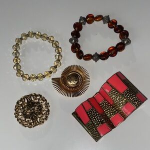 Vintage Gold-Tone, Coral Enamel Stretch Bracelet and Scarf Clips Lot